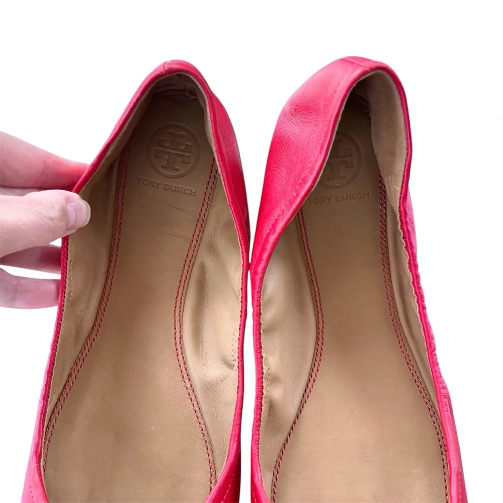 Tory Burch Cap Toe Colorblock Nappa Leather Minnie Ballet Flats Red Azalea Pink